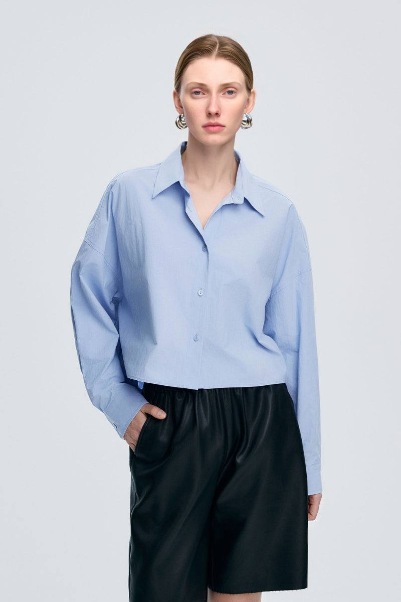 Cropped Long-Sleeve Drop-Shoulder Button-Down Shirt with Buttoned Waist