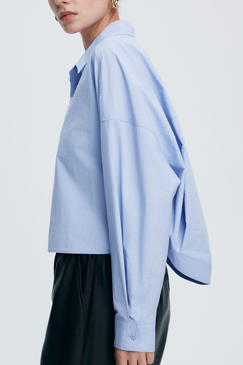 Cropped Long-Sleeve Drop-Shoulder Button-Down Shirt with Buttoned Waist
