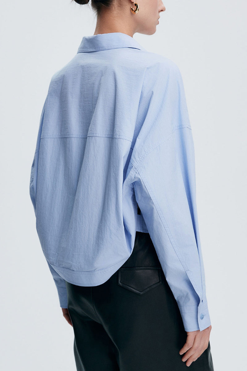 Cropped Long-Sleeve Drop-Shoulder Button-Down Shirt with Buttoned Waist