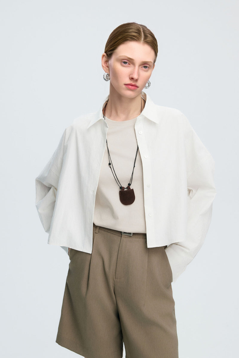 Cropped Long-Sleeve Drop-Shoulder Button-Down Shirt with Buttoned Waist