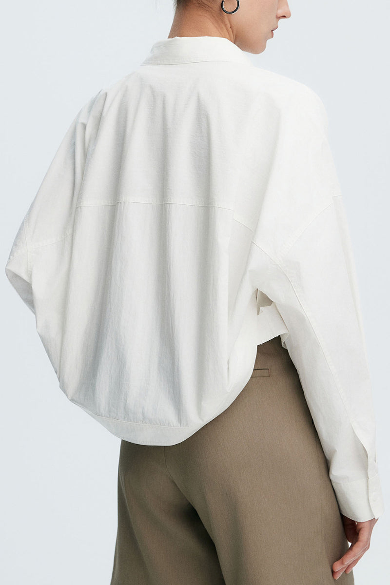 Cropped Long-Sleeve Drop-Shoulder Button-Down Shirt with Buttoned Waist