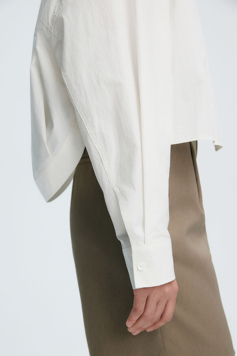 Cropped Long-Sleeve Drop-Shoulder Button-Down Shirt with Buttoned Waist