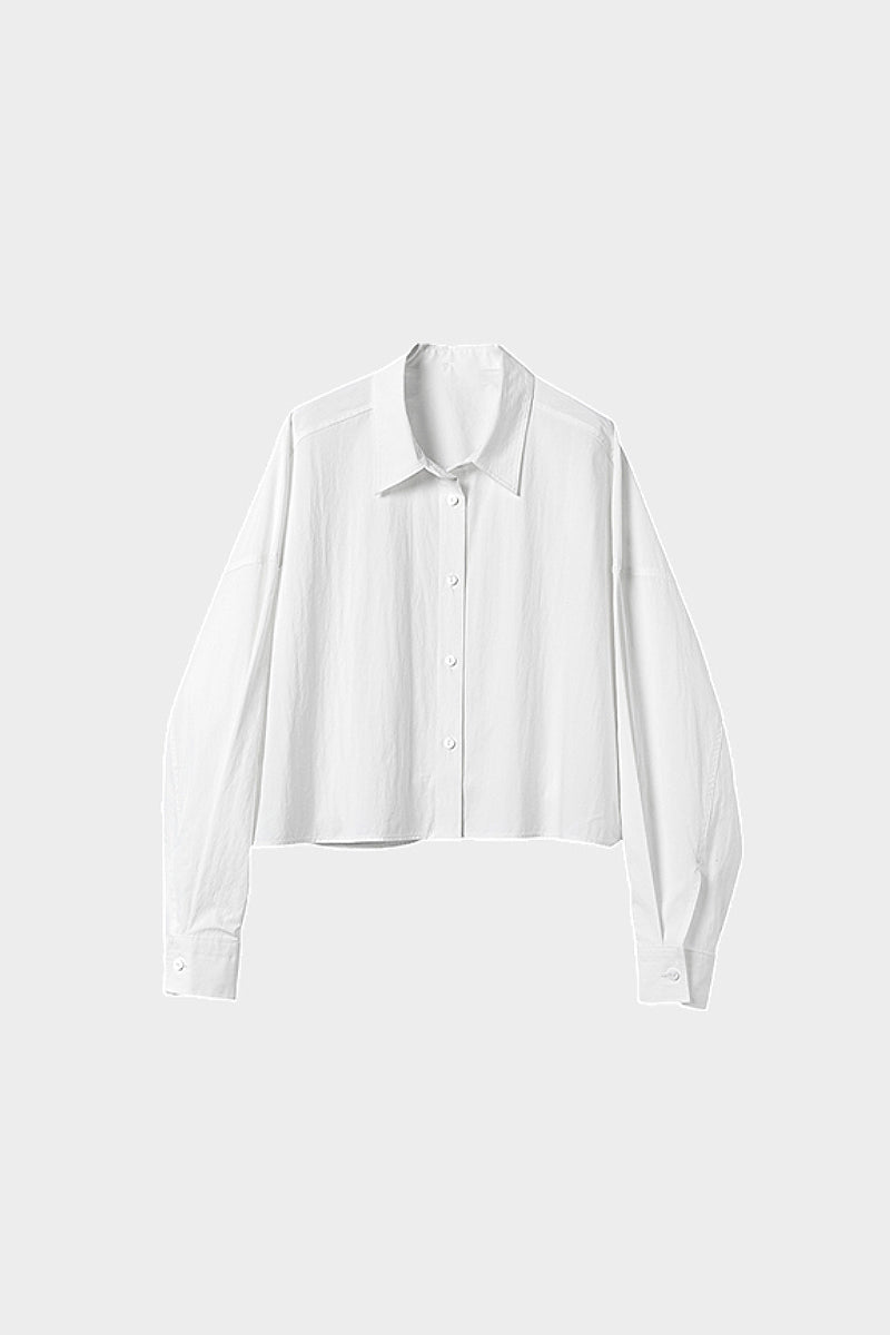 Cropped Long-Sleeve Drop-Shoulder Button-Down Shirt with Buttoned Waist