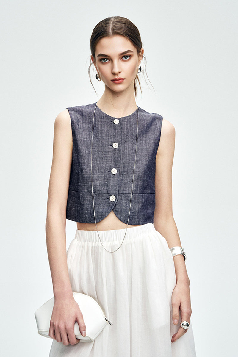 Cropped Tencel-Linen Button-Down Vest with Pockets