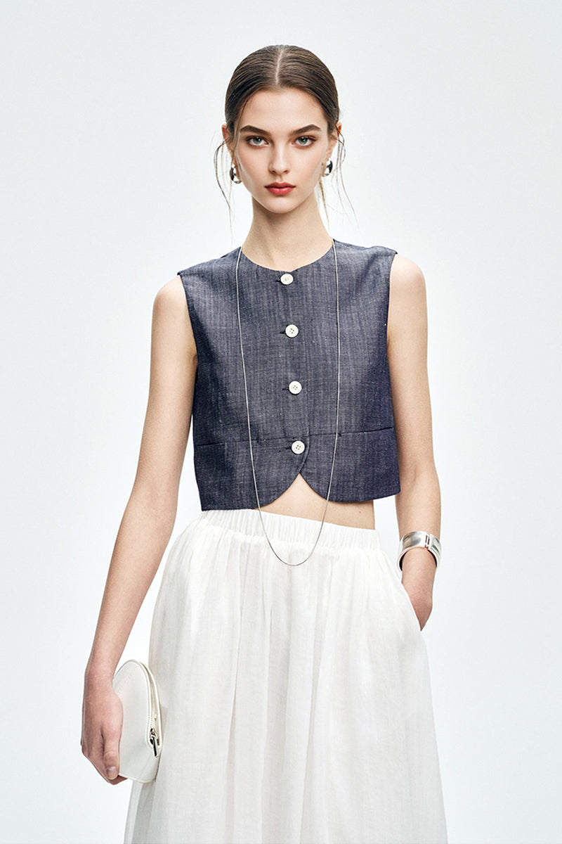 Cropped Tencel-Linen Button-Down Vest with Pockets