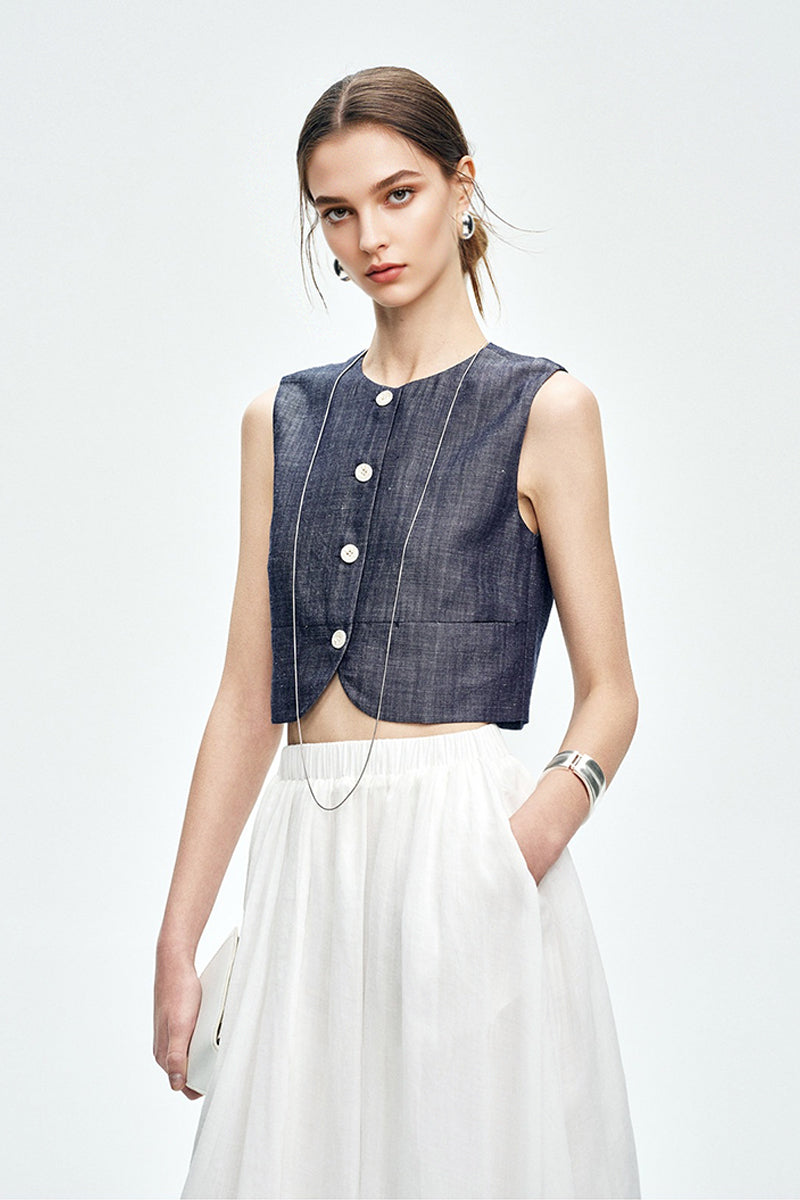 Cropped Tencel-Linen Button-Down Vest with Pockets