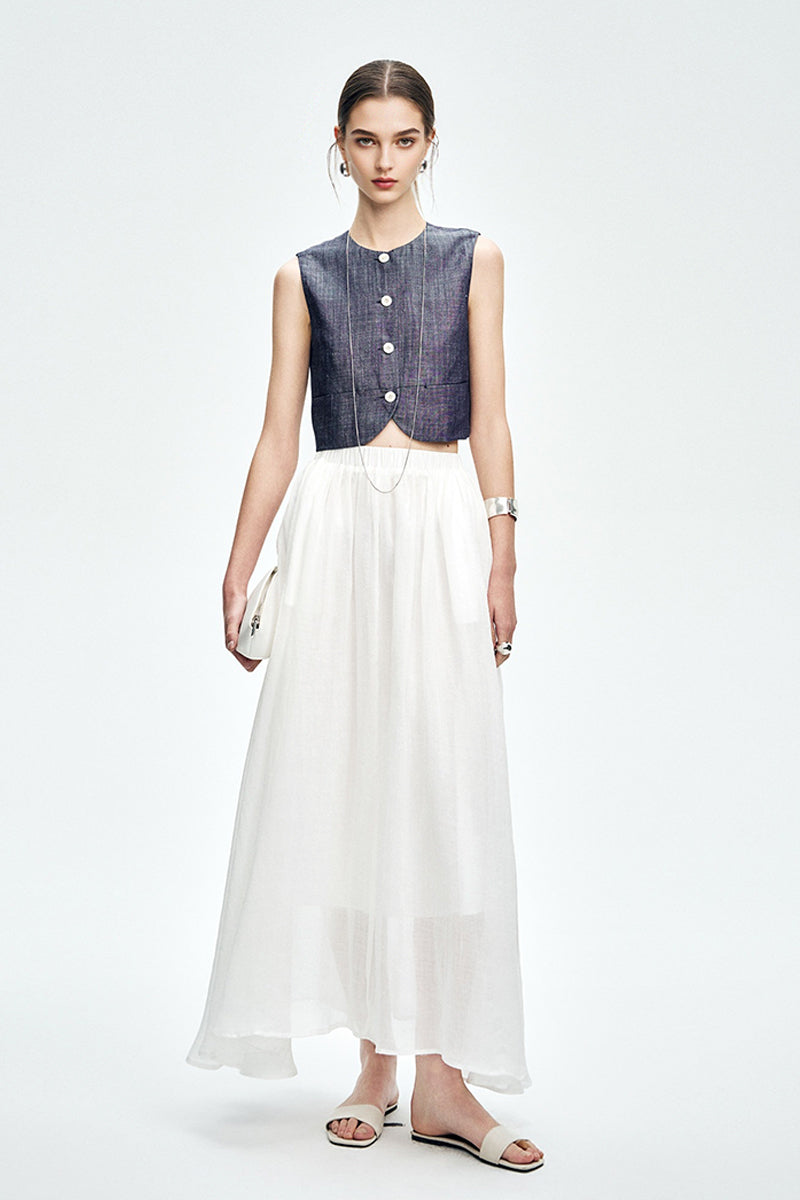Cropped Tencel-Linen Button-Down Vest with Pockets