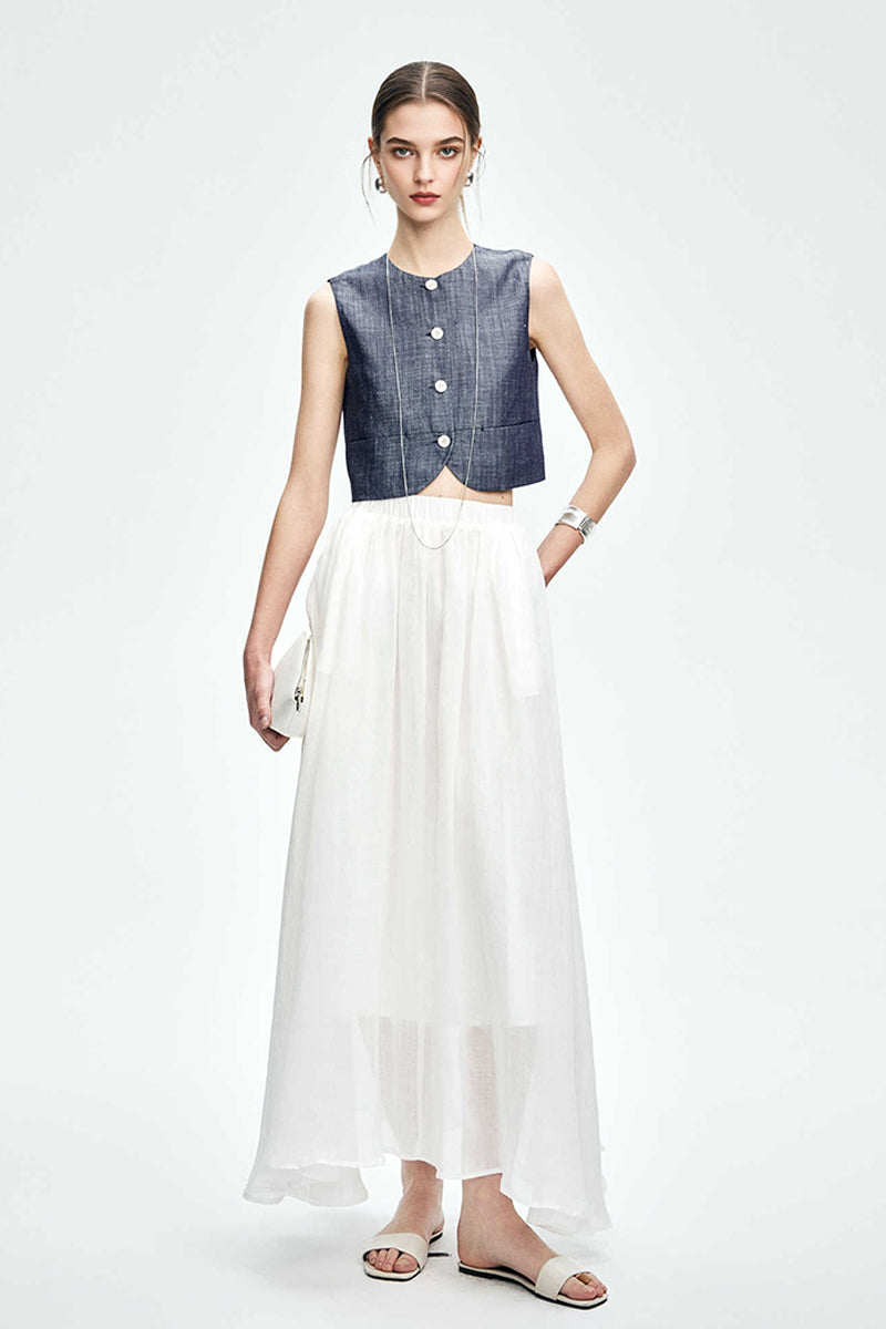 Cropped Tencel-Linen Button-Down Vest with Pockets