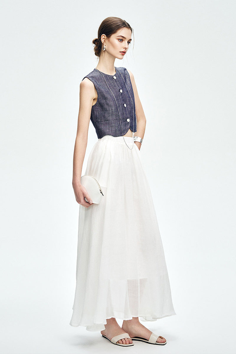 Cropped Tencel-Linen Button-Down Vest with Pockets