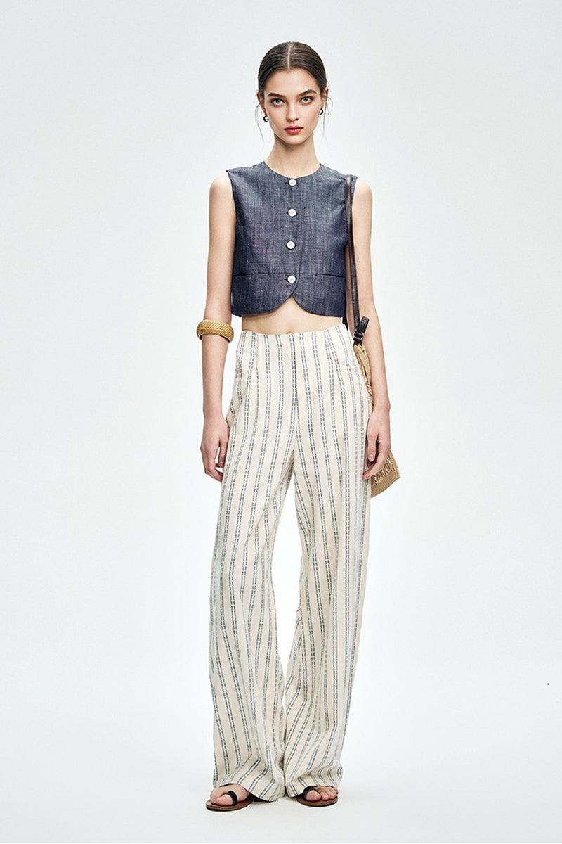 Cropped Tencel-Linen Button-Down Vest with Pockets