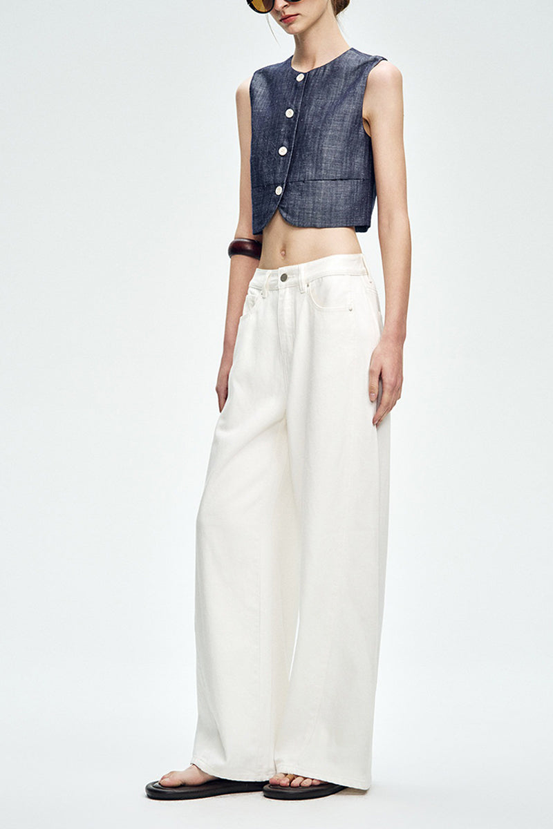 Cropped Tencel-Linen Button-Down Vest with Pockets