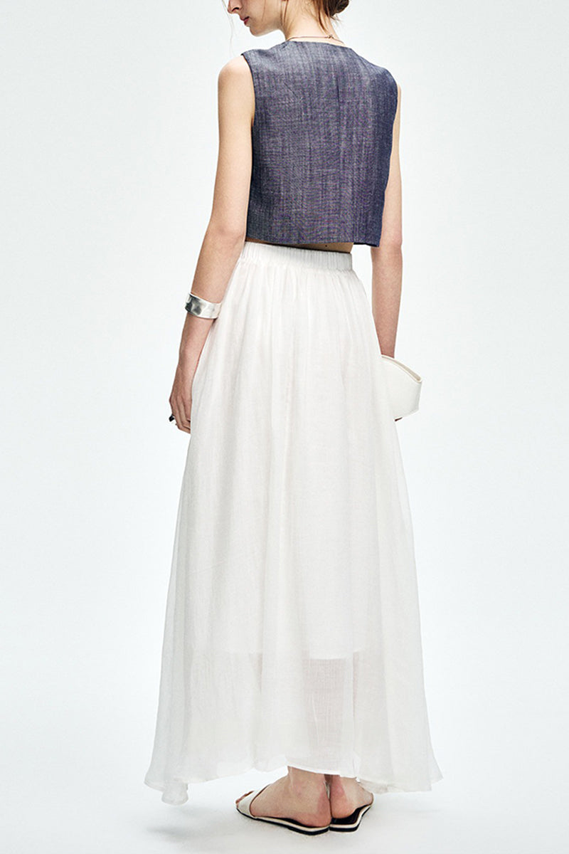 Cropped Tencel-Linen Button-Down Vest with Pockets
