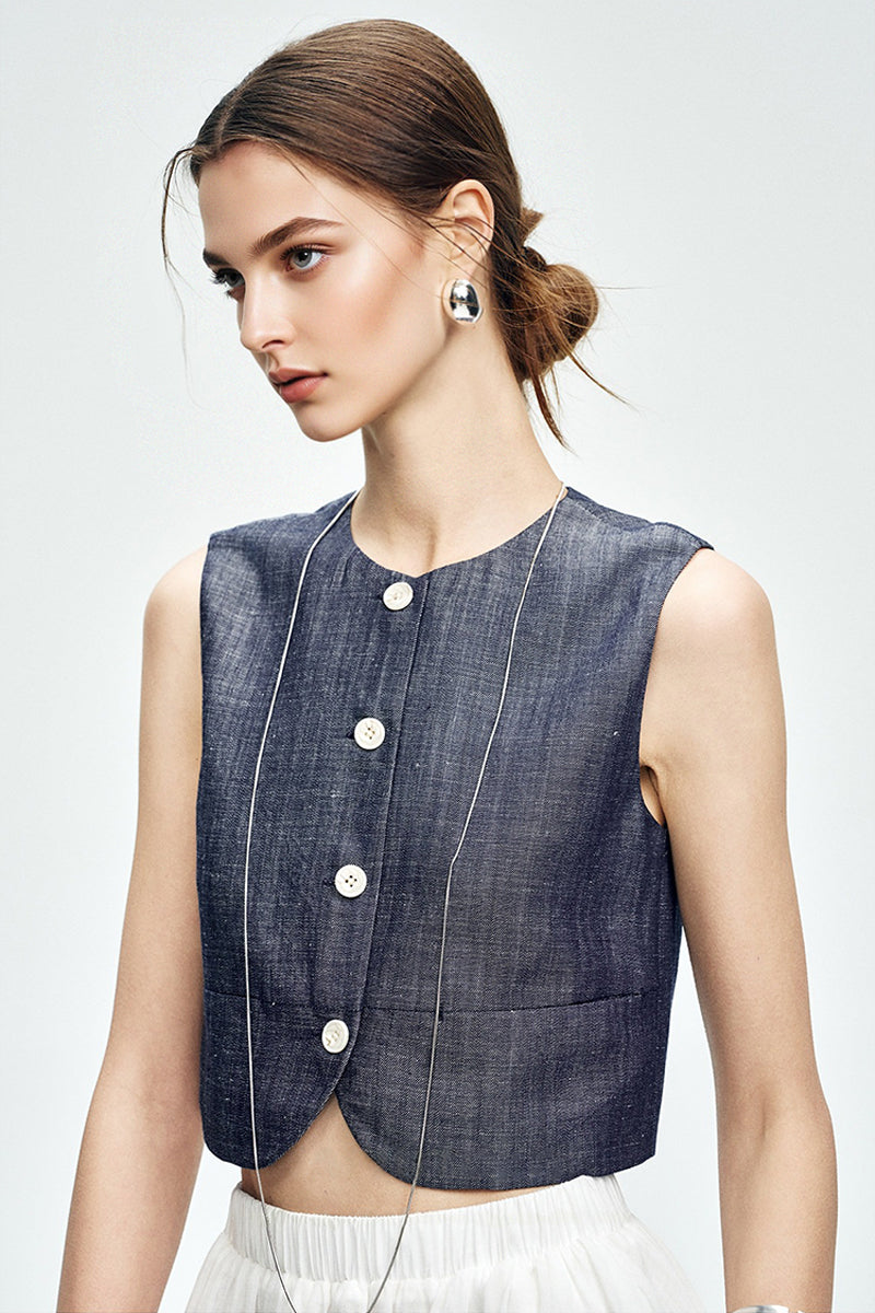 Cropped Tencel-Linen Button-Down Vest with Pockets