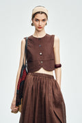 Cropped Tencel-Linen Button-Down Vest with Pockets