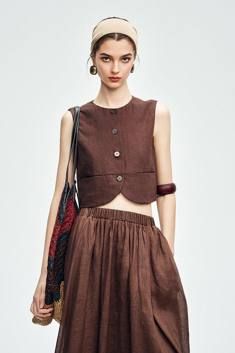 Cropped Tencel-Linen Button-Down Vest with Pockets