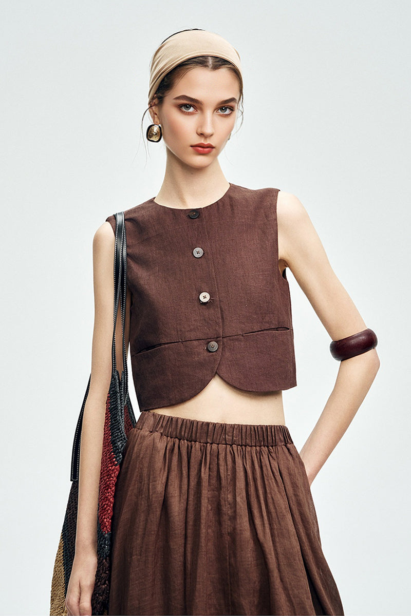 Cropped Tencel-Linen Button-Down Vest with Pockets