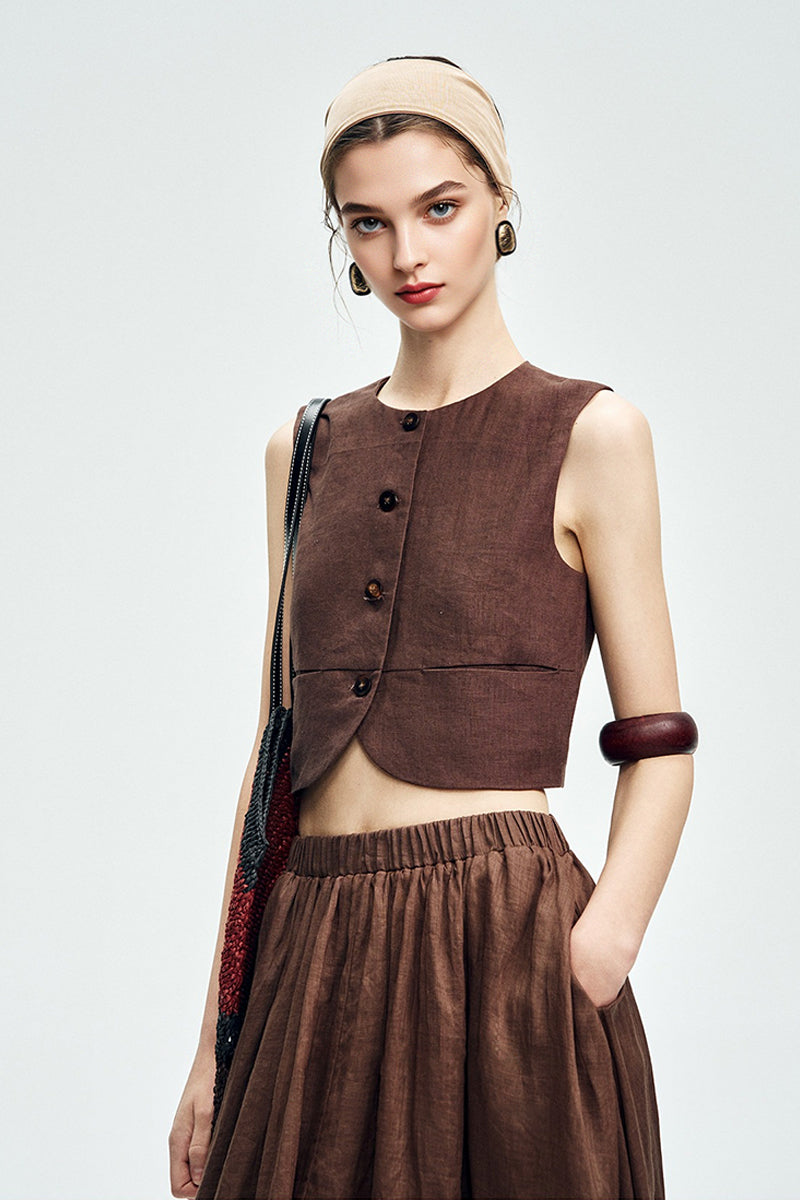 Cropped Tencel-Linen Button-Down Vest with Pockets