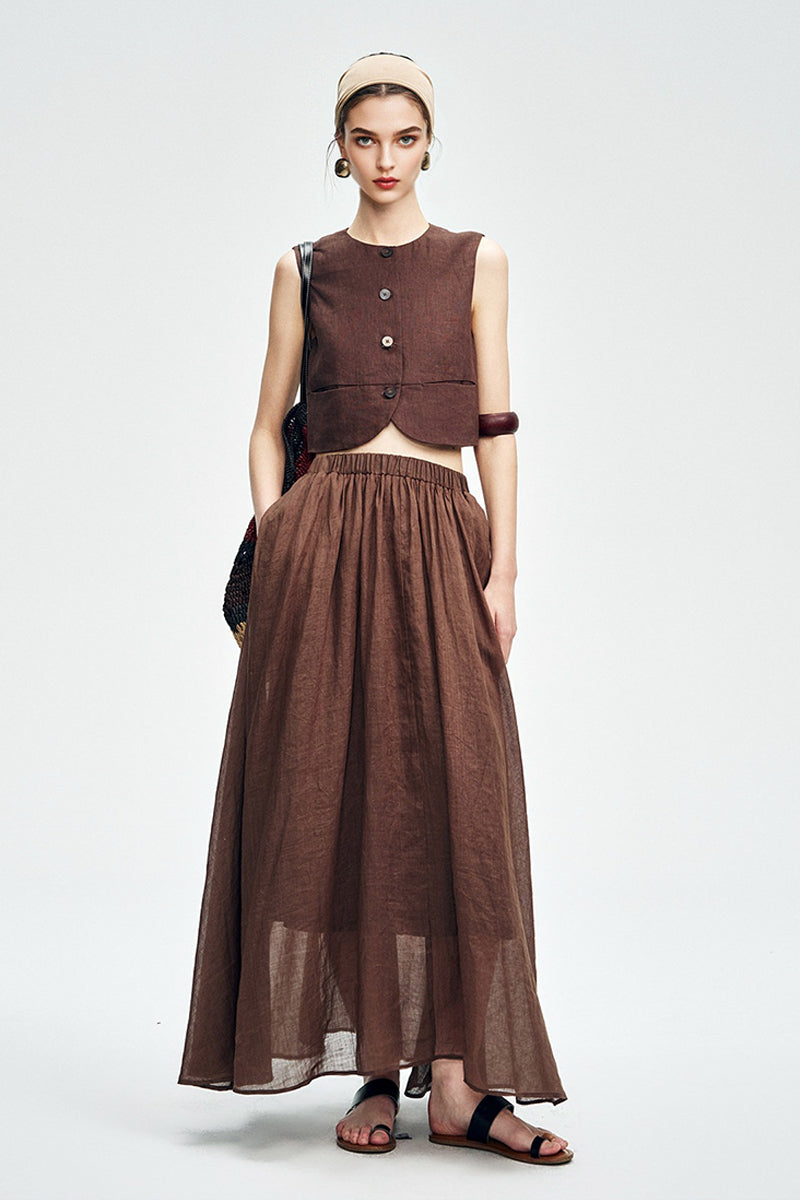 Cropped Tencel-Linen Button-Down Vest with Pockets