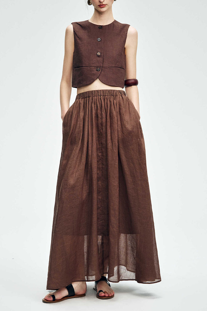 Cropped Tencel-Linen Button-Down Vest with Pockets