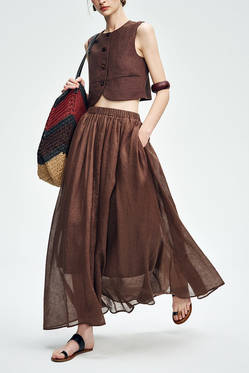 Cropped Tencel-Linen Button-Down Vest with Pockets
