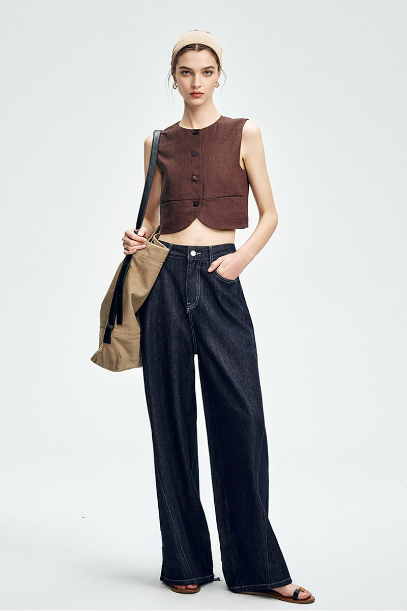 Cropped Tencel-Linen Button-Down Vest with Pockets