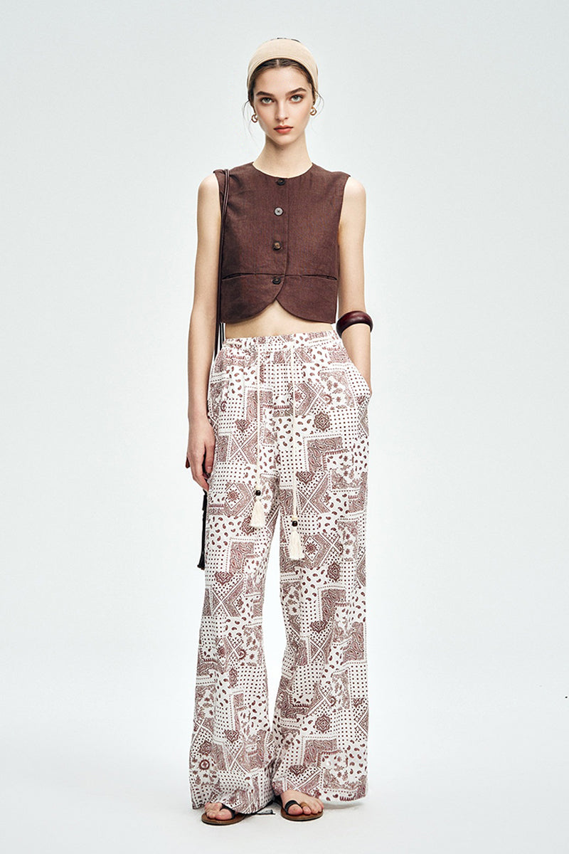 Cropped Tencel-Linen Button-Down Vest with Pockets