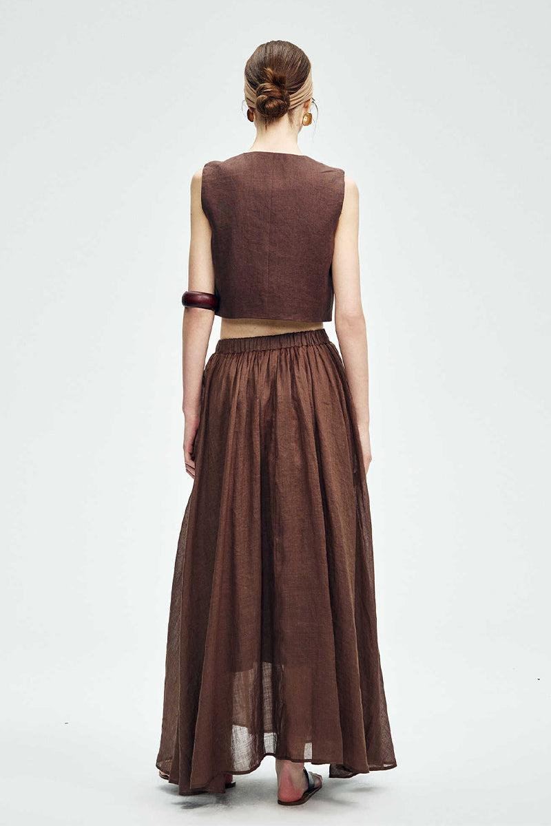 Cropped Tencel-Linen Button-Down Vest with Pockets