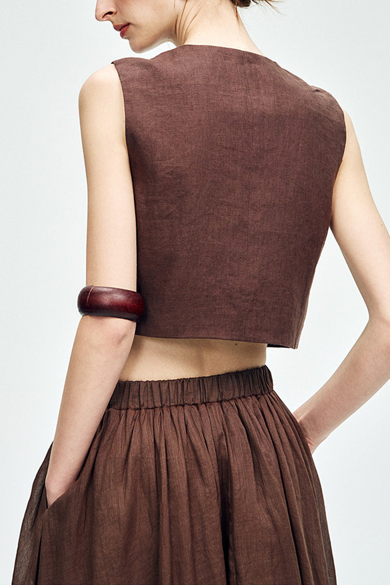 Cropped Tencel-Linen Button-Down Vest with Pockets