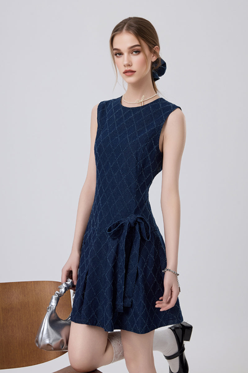 Denim Argyle Sleeveless Bow Mini Dress