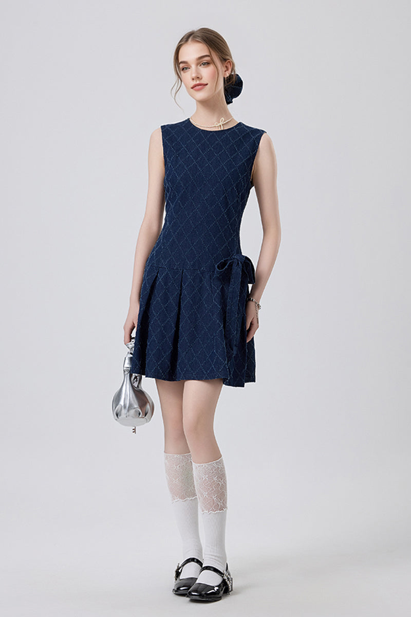 Denim Argyle Sleeveless Bow Mini Dress