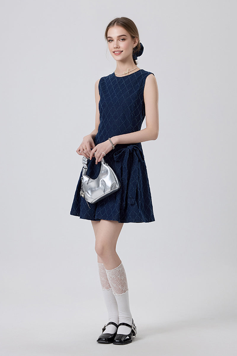 Denim Argyle Sleeveless Bow Mini Dress