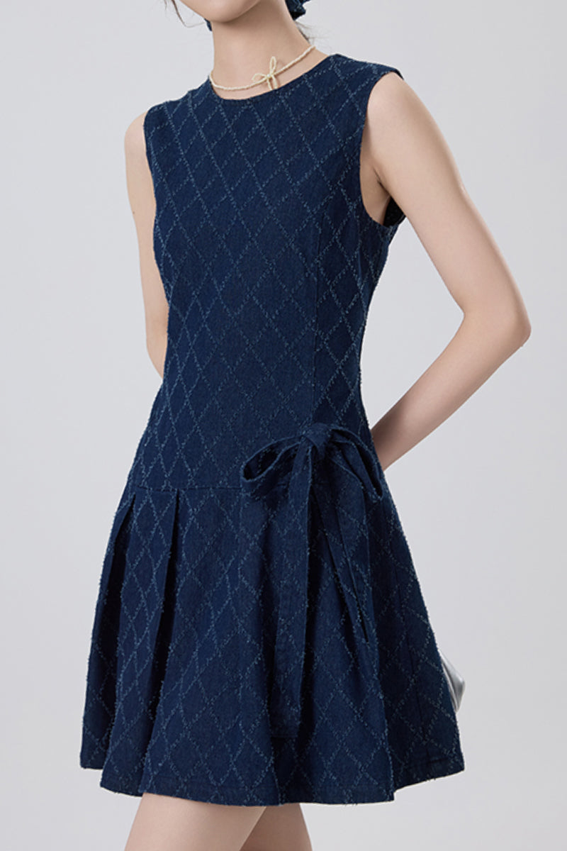 Denim Argyle Sleeveless Bow Mini Dress