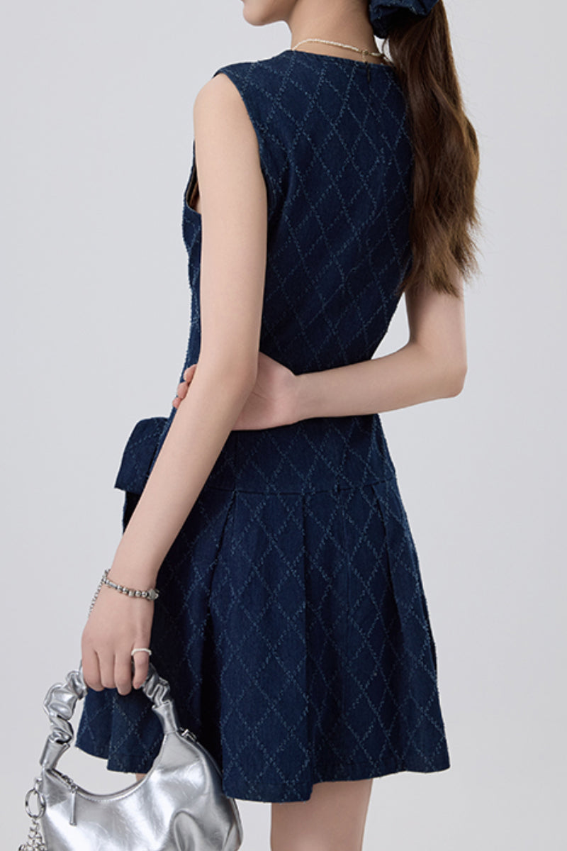 Denim Argyle Sleeveless Bow Mini Dress