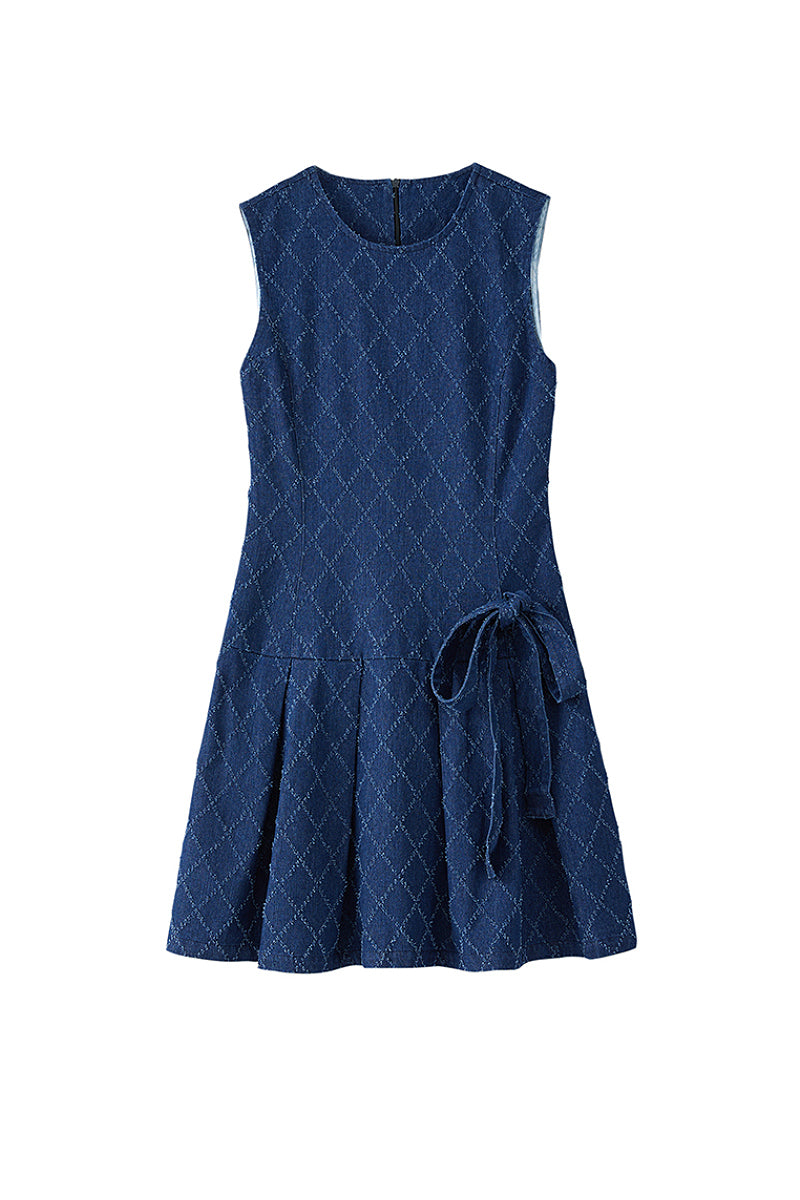 Denim Argyle Sleeveless Bow Mini Dress