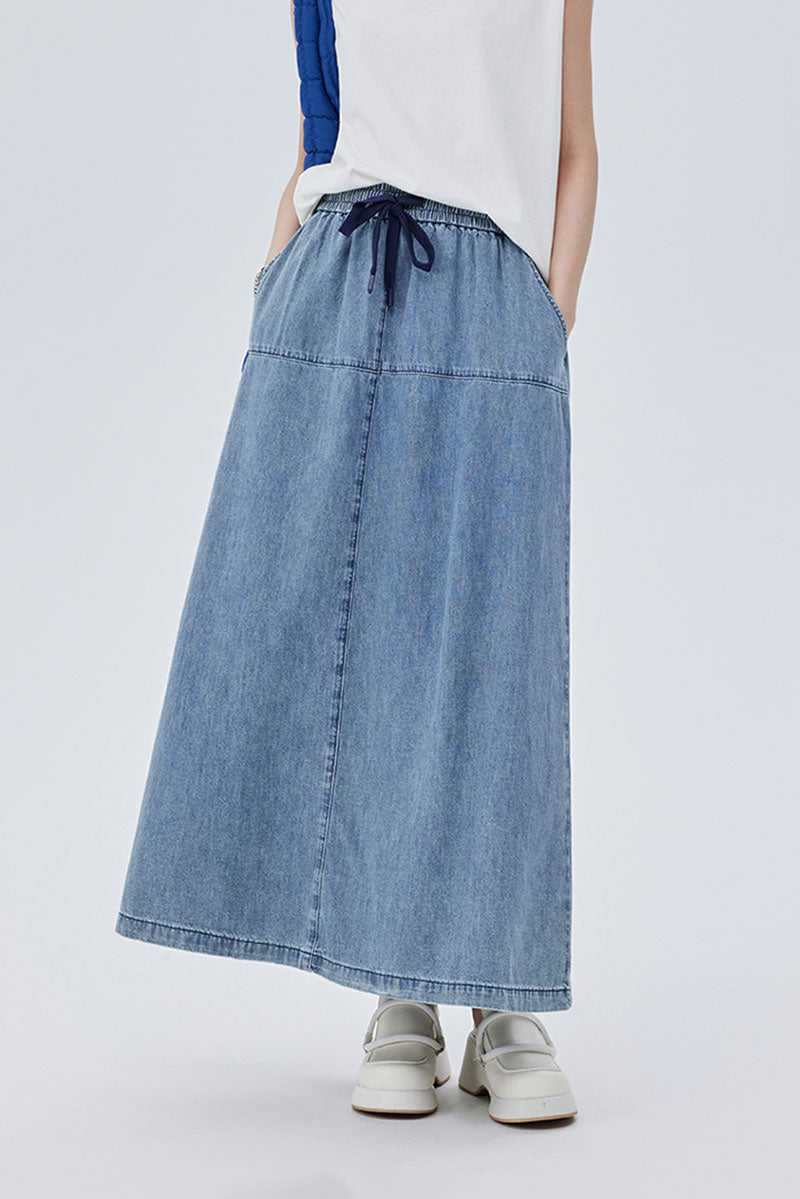 Denim Drawstring A-Line Maxi Skirt with Back Slit
