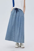 Denim Drawstring A-Line Maxi Skirt with Back Slit