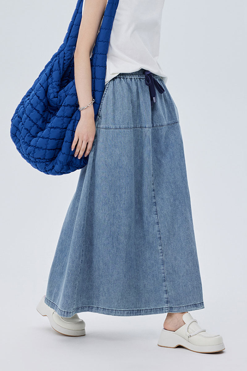 Denim Drawstring A-Line Maxi Skirt with Back Slit