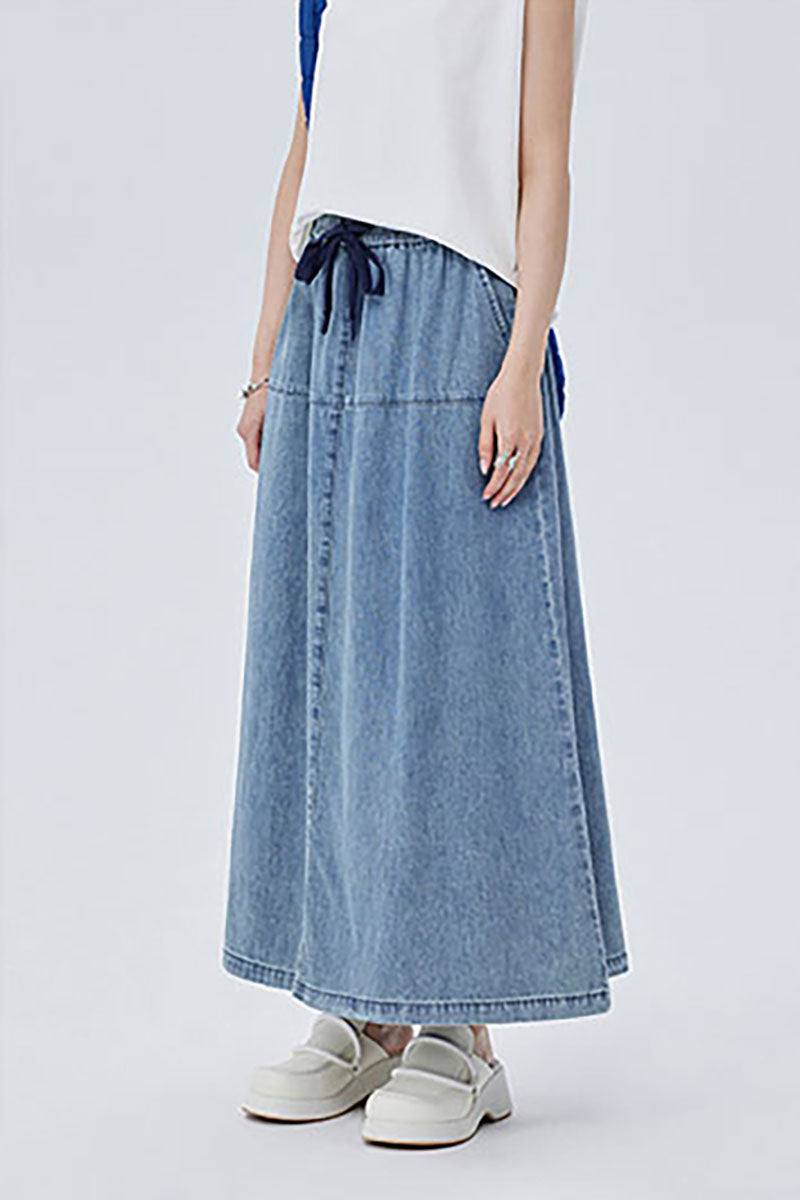 Denim Drawstring A-Line Maxi Skirt with Back Slit
