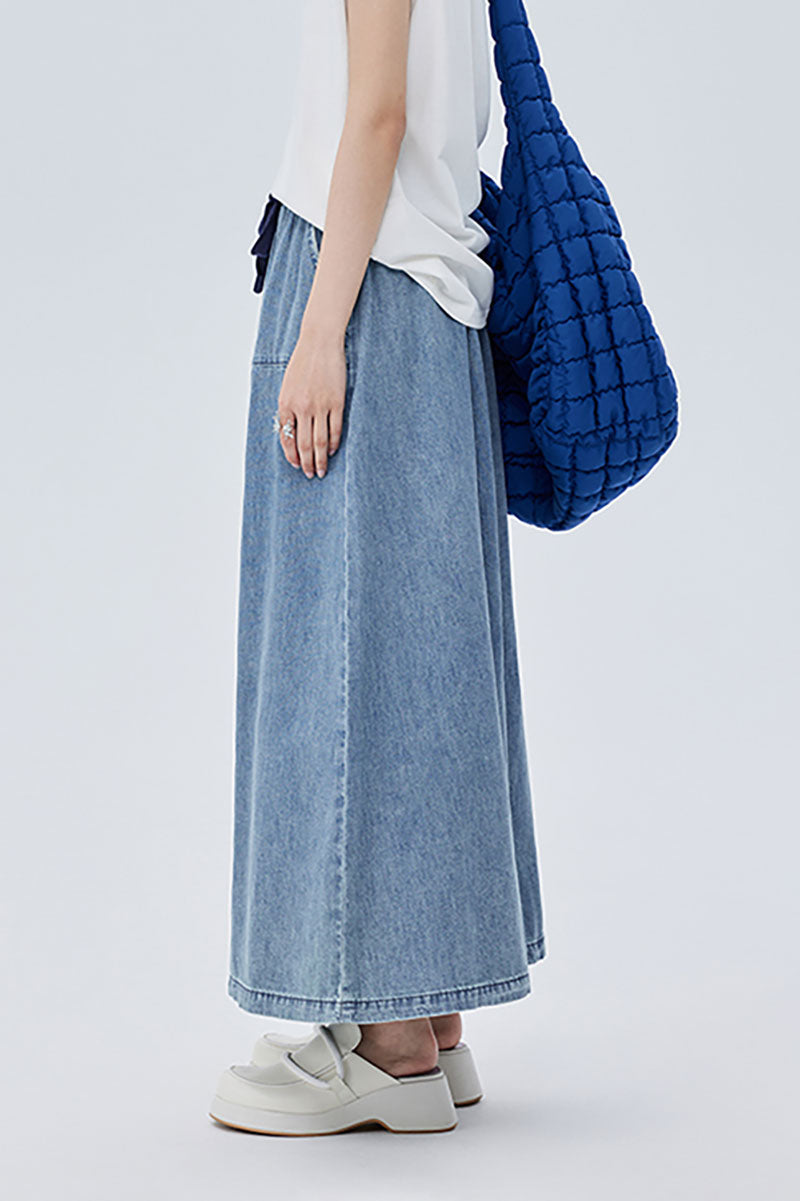 Denim Drawstring A-Line Maxi Skirt with Back Slit