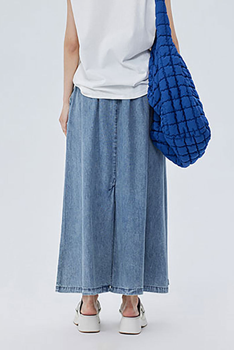 Denim Drawstring A-Line Maxi Skirt with Back Slit