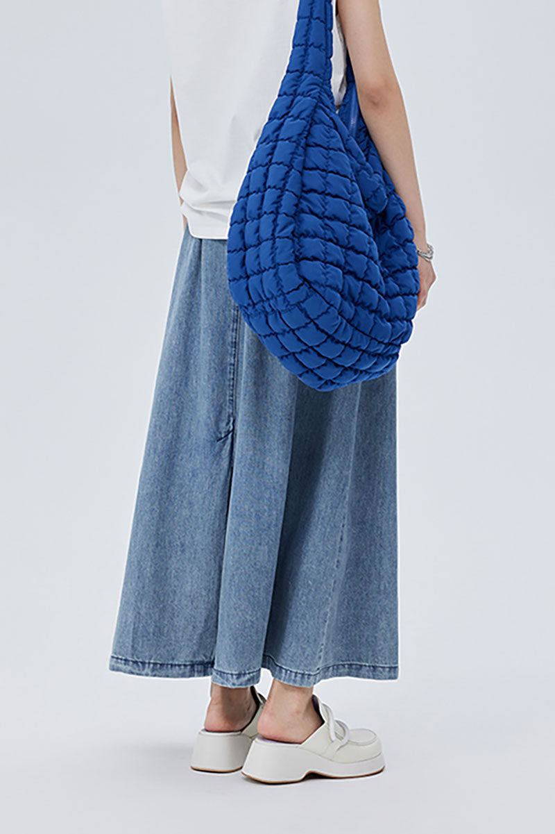 Denim Drawstring A-Line Maxi Skirt with Back Slit