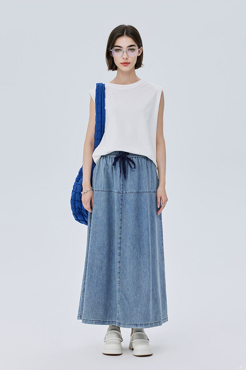 Denim Drawstring A-Line Maxi Skirt with Back Slit