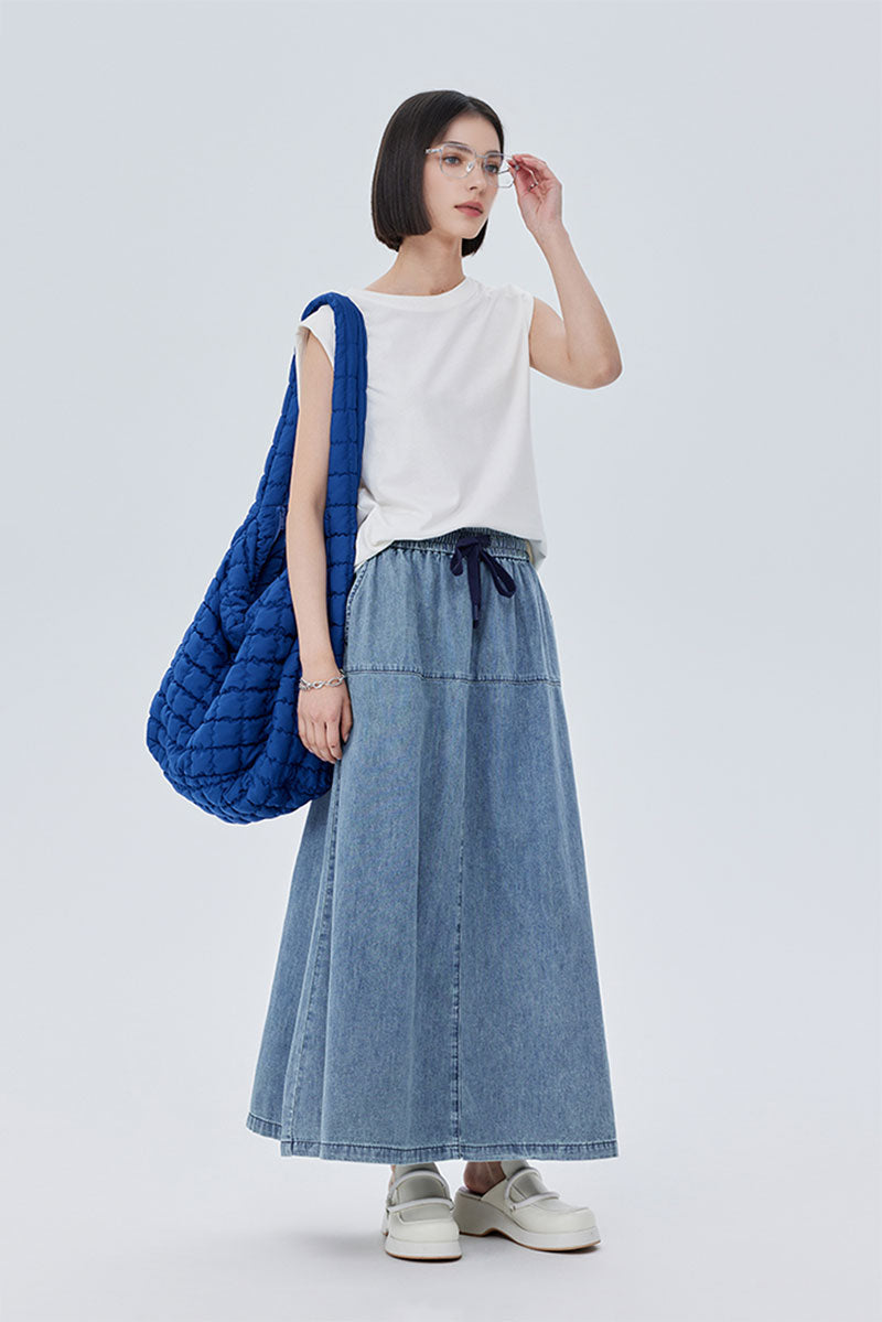 Denim Drawstring A-Line Maxi Skirt with Back Slit