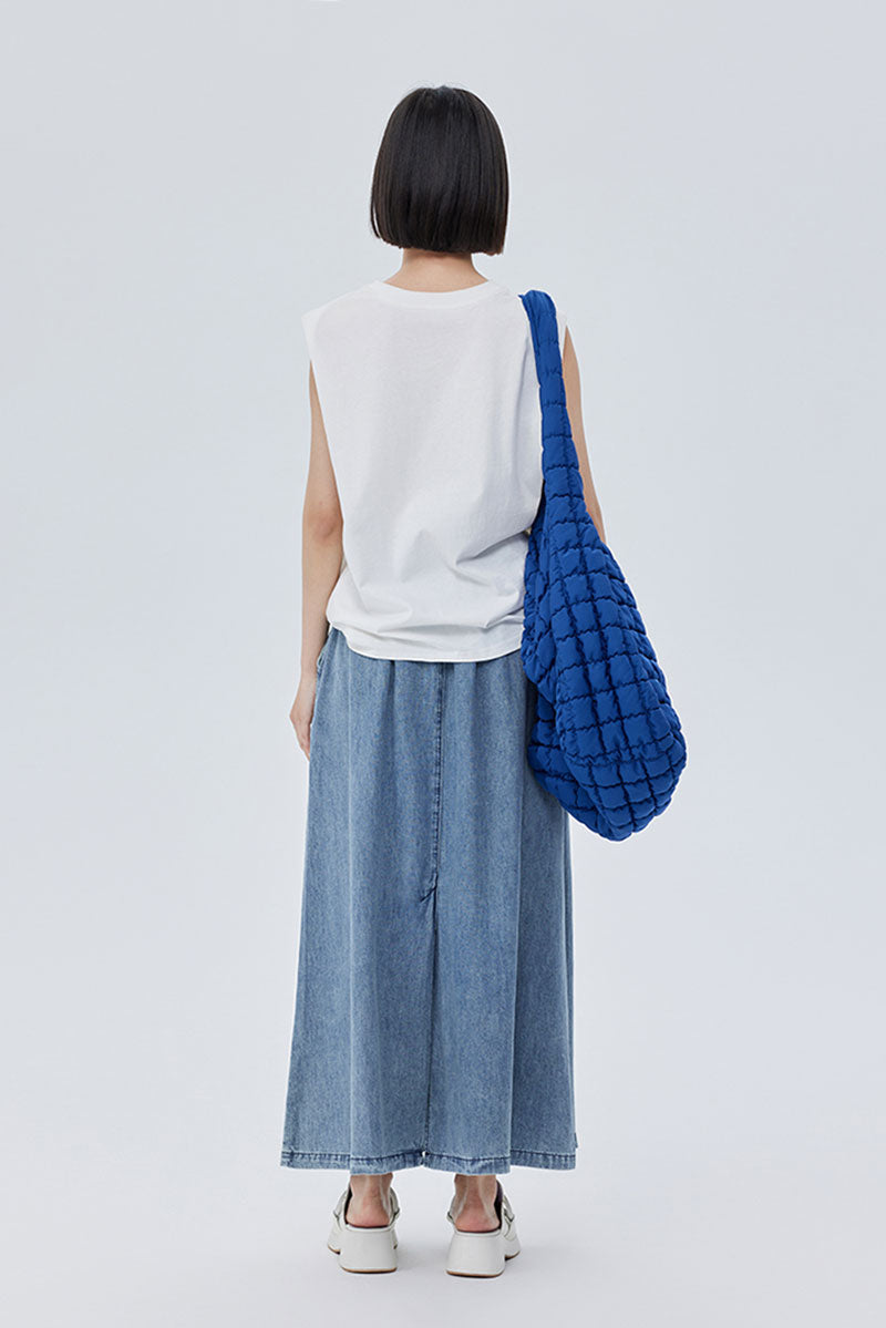 Denim Drawstring A-Line Maxi Skirt with Back Slit