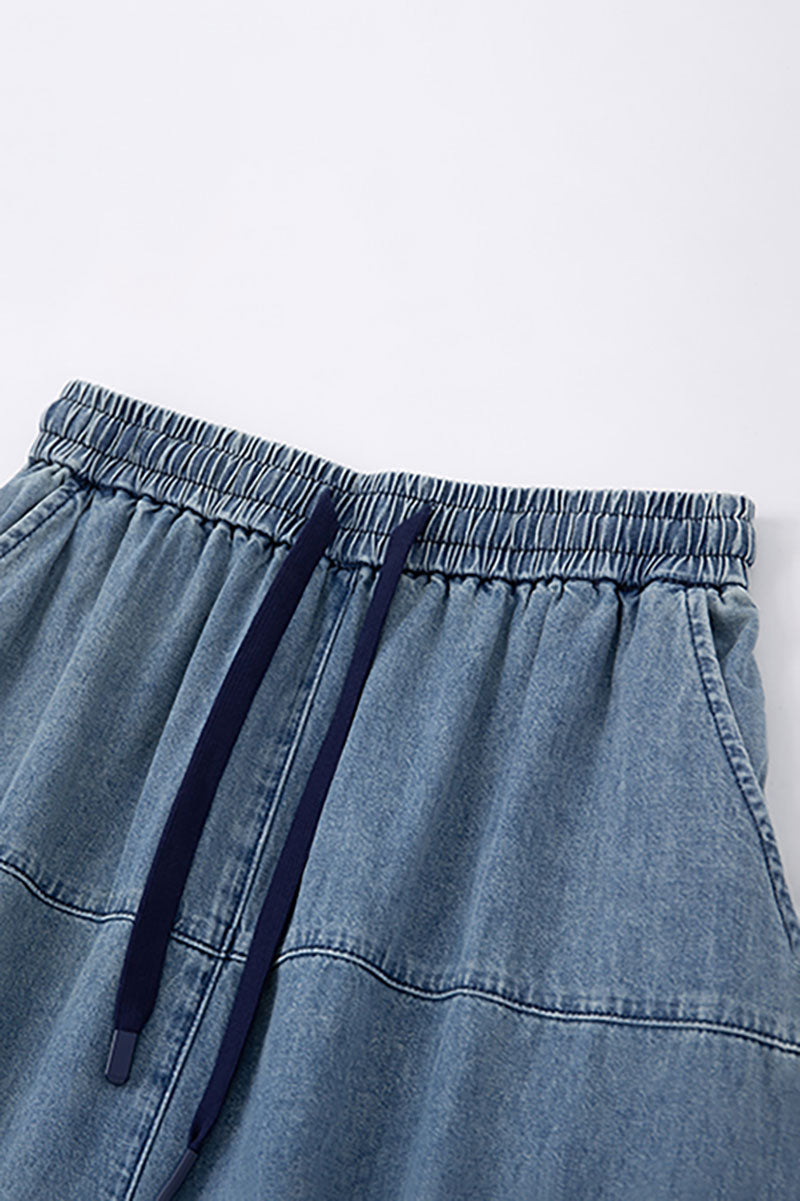 Denim Drawstring A-Line Maxi Skirt with Back Slit