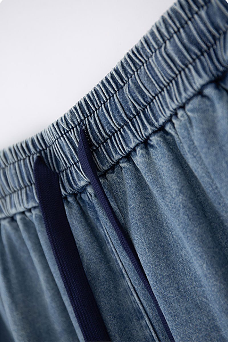 Denim Drawstring A-Line Maxi Skirt with Back Slit