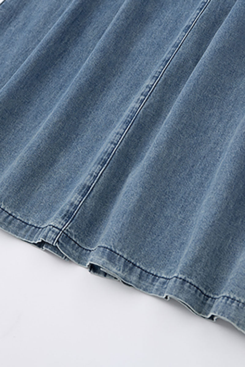 Denim Drawstring A-Line Maxi Skirt with Back Slit