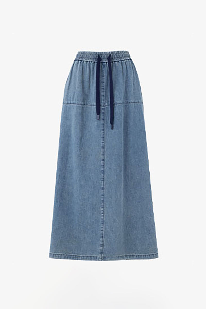 Denim Drawstring A-Line Maxi Skirt with Back Slit