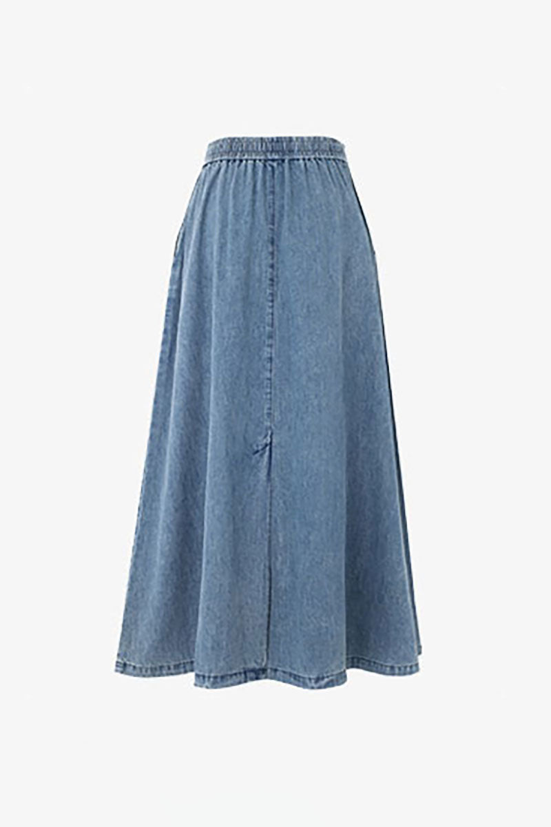 Denim Drawstring A-Line Maxi Skirt with Back Slit
