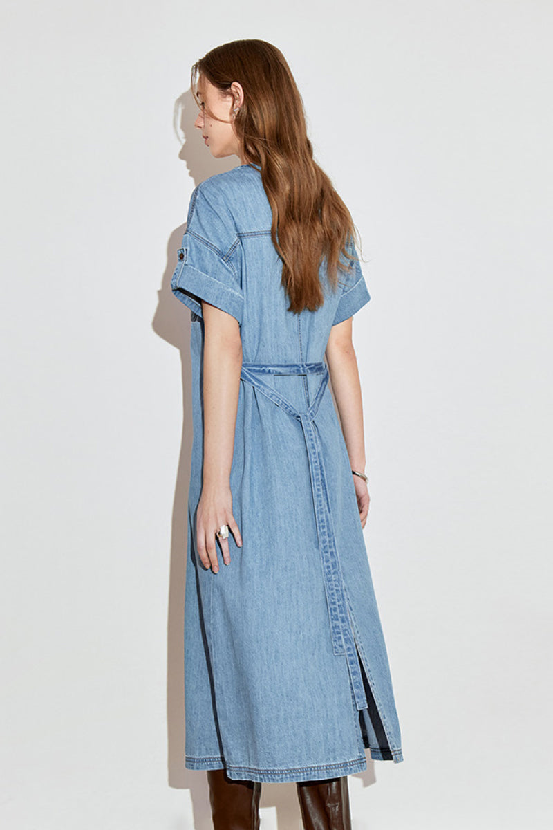 Denim Short-Sleeve Button-Up Belted Midi Shirt Dress with Back Slit